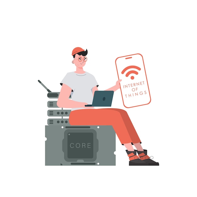 A man holds a phone with the IoT logo in his hands Internet of things concept Trendy flat style Vector illustration