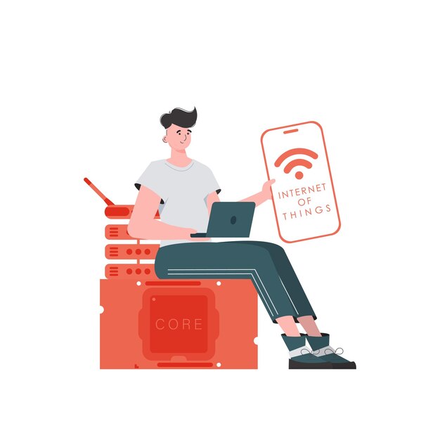 Vector a man holds a phone with the iot logo in his hands internet of things concept vector