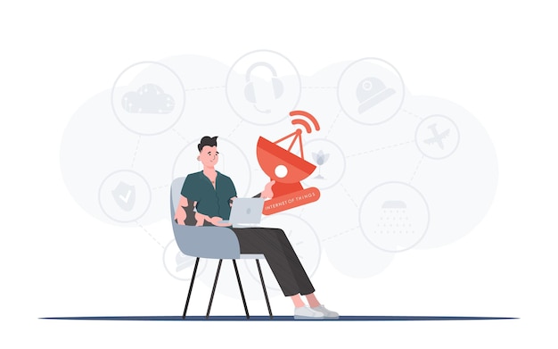 A man holds a satellite dish in his hands Internet of things and automation concept Good for presentations websites and typography Vector illustration in flat style