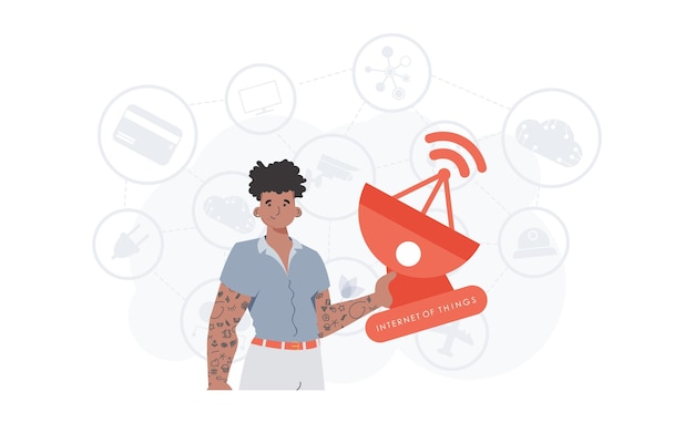 A man holds a satellite dish in his hands IOT and automation concept Good for presentations and websites Vector illustration in flat style