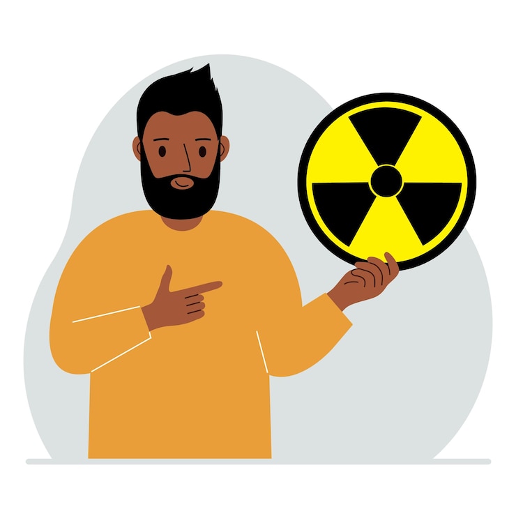 Vector a man holds a sign with a warning about nuclear danger the concept of nuclear war radiation biohazard