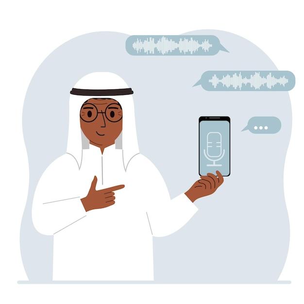A man holds a smartphone using a voice assistant application Voice recognition concept Smart speaker applications office controller handsfree phone calls voice command software