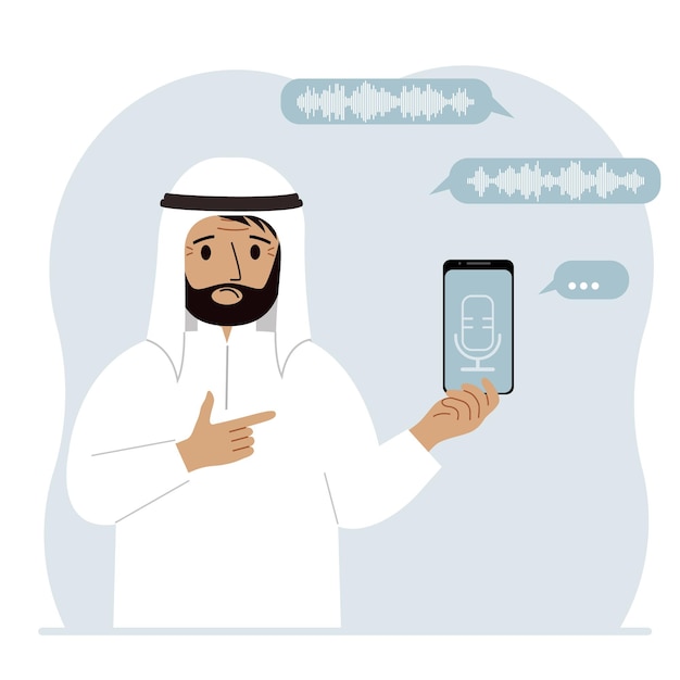 A man holds a smartphone using a voice assistant application Voice recognition concept Smart speaker applications office controller handsfree phone calls voice command software