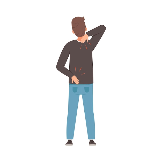 Man holds on to a sore neck and lower back vector illustration