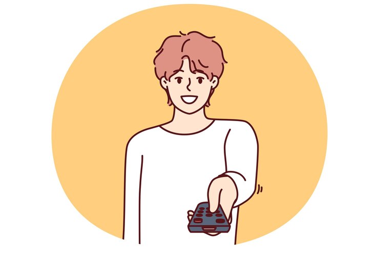 Vector 남자 는 텔레비전 리모컨 을 들고 케이블 tv 채널 을 전환 하고 웃으며 흥미 로운 쇼 를 선택 한다