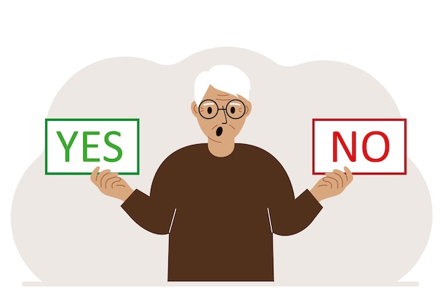 A man holds two banners Yes and No in his hands Test question Indecisive choice argument opposition choice dilemma opponent's view