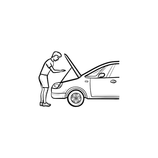 Vector man under the hood of car hand drawn outline doodle icon. car repairs and service, car mechanic, engine concept