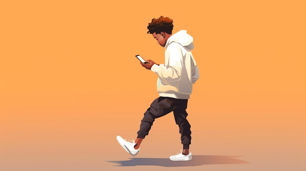 Vector a man in a hoodie is walking with a phone