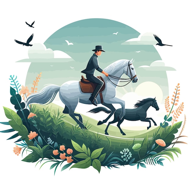 Vector a man on a horse is riding a horse in a field