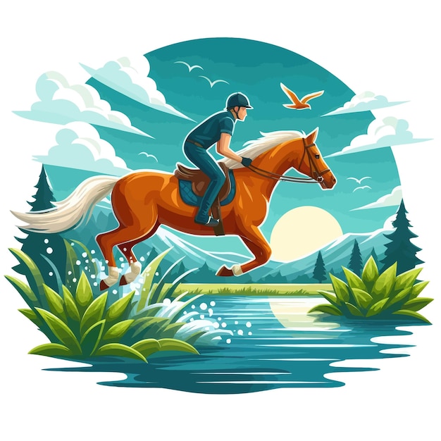 Vector a man on a horse with a horse and a bird flying in the background