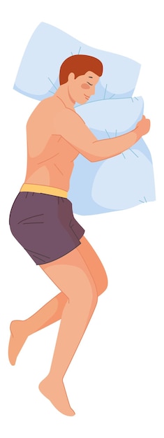 Vector man hugging pillow. sleeper pose side, vector illustration