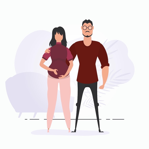 Vector a man hugs a pregnant woman poster on the theme young family is waiting for the birth of a child happy pregnancy vector illustration