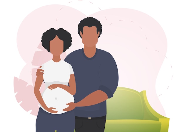 Vector a man hugs a pregnant woman poster on the theme young family is waiting for the birth of a child positive and conscious pregnancy vector illustration in a flat style