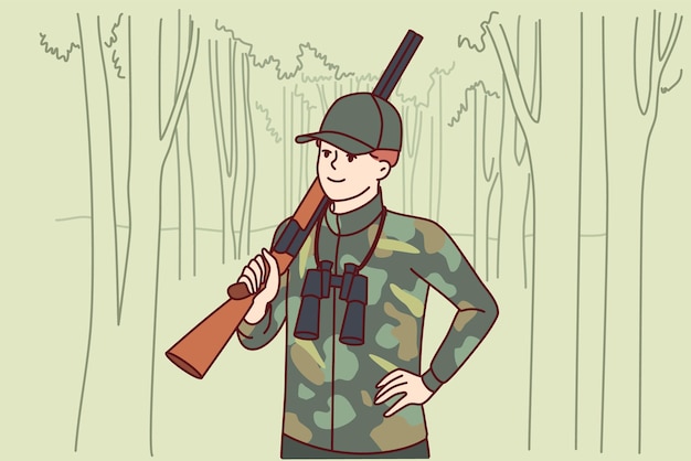 Мужчина-охотник с двуствольным ружьем стоит в лесу с биноклем, чтобы выследить дикое животное