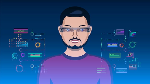 Vector man in augmented reality-bril vooraanzicht cartoon