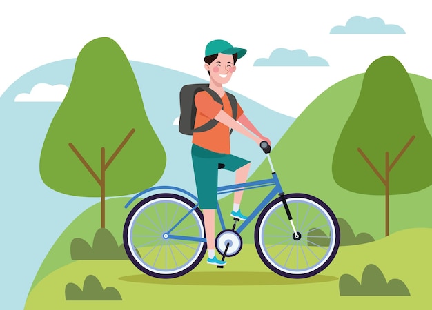 Человек в велосипеде на иллюстрации ландшафта здорового образа жизни