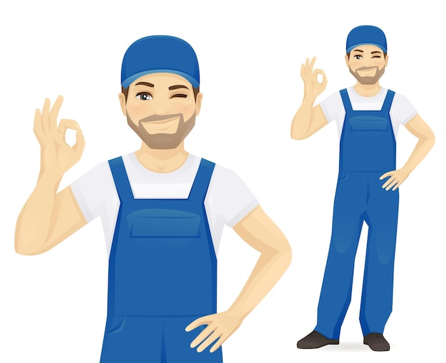 Vector man in blauwe overalls gebaren ok teken vectorillustratie