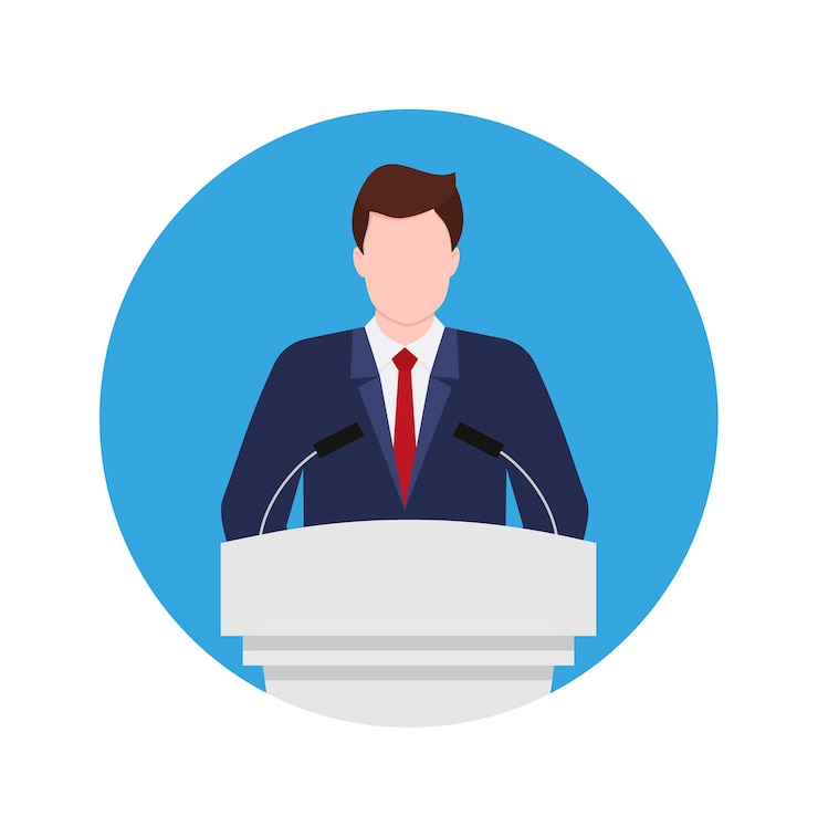 Vector man in de buurt van podium spreker in pak staat op tribune voor toespraak in conferentie politicus spreekt vanaf podium met microfoons openbare redenaar president of minister op tribune