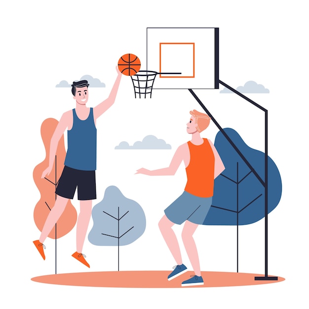 Man in de sport uniforme basketbal spelen op straat. Sportspel, buitenactiviteit. illustratie in cartoon-stijl