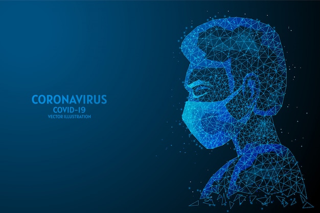 Man in een beschermend medisch masker. Draagt ter bescherming tegen virussen, ziekten, vuile lucht, smog. Uitbraak van coronavirus-infectie COVID-19. Laag poly draadframe illustratie.