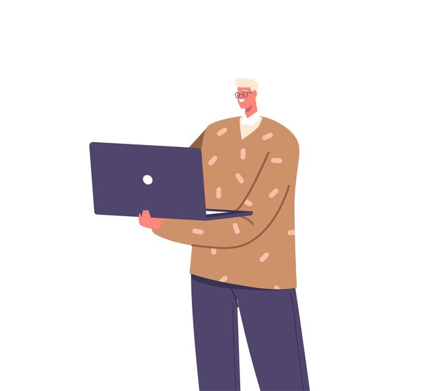 Man in glazen glimlach met laptop mannelijke programmeur of webontwerper karakter positieve werknemer vectorillustratie