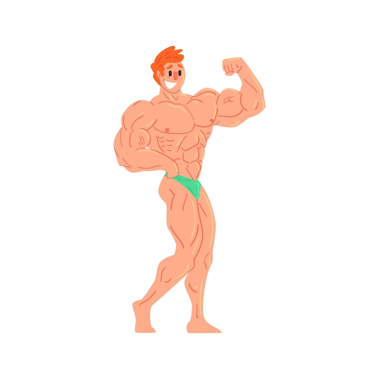 Vector man in groene slip bodybuilder grappig lachend karakter op steroïden demonstreren biceps spieren als strongman routine