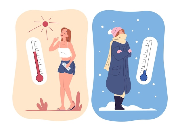 Man in hitte of kou Man winter zomer kleding met temperatuur schaal thermometer seizoensgebonden weer extreem tussen koude vorst en warm warm klimaat klassieke vector illustratie