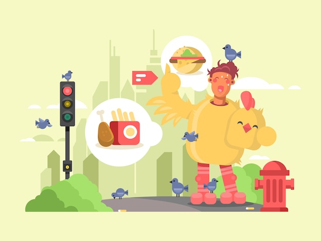 Man in kippenpak. Vogelkostuum voor reclame en promotie. vector illustratie