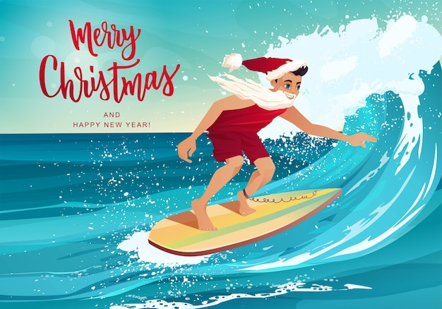 Man in kleren van santa claus surfen op de golf in tropische oceaan. merry christmas hand belettering.