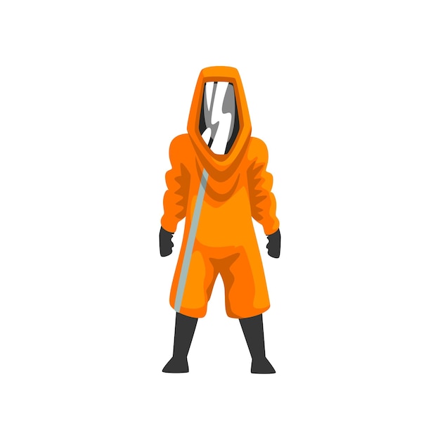 Вектор Человек в оранжевом защитном костюме шлем и маска химическая радиоактивная токсичная опасная профессиональная безопасность униформа векторная иллюстрация на белом фоне