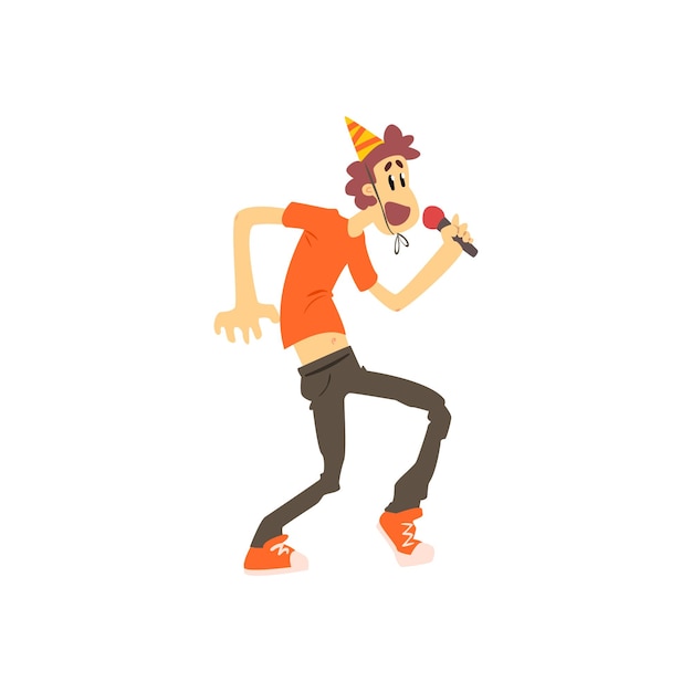 Man In Oranje T-shirt Zingen In Karaoke Flat Geïsoleerde Eenvoudige Cartoon Stijl Vector Illustratie Op Witte Achtergrond