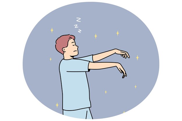 ベクトル 夜のパジャマ夢遊病の男パジャマで眠っている若い男性が睡眠の中で歩いてベクトル図