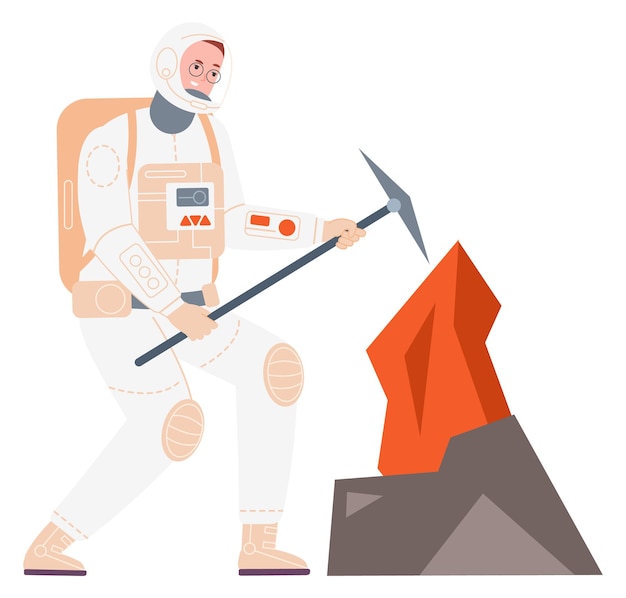 Man in ruimtepak mijnbouw rotsen Astronaut met pikhouweel verkennen planeet grond