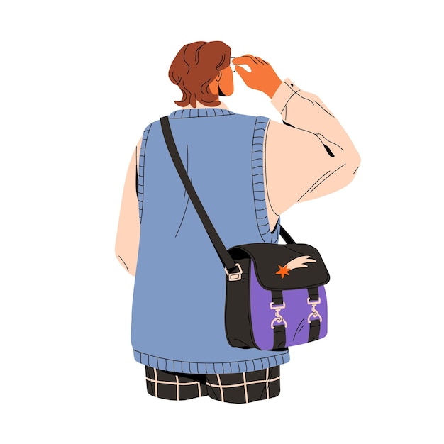 Man in shirt vest en bril loopt met laptop tas achteruitzicht Mensen met schouder kruis lichaam tas Student in casual stedelijke outfit studie vibe Platte geïsoleerde vector illustratie op witte achtergrond