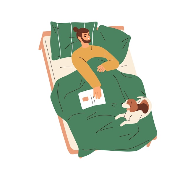 Man in slaap gevallen in bed na het lezen van een boek. Slapende persoon die met hond op deken ligt. Kerel droomt met schattig hondje. Huisdiereigenaar en huisdier. Platte vectorillustratie geïsoleerd op een witte achtergrond.