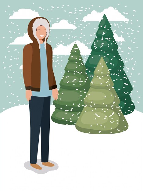 冬の服を着た雪景色の男