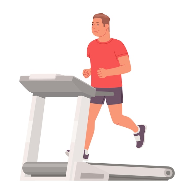 Man in sportkleding draait op een loopband op een witte achtergrond. cardio workout. vectorillustratie in vlakke stijl