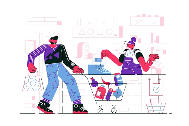 Man in supermarkt vector illustratie man in casual kleding met trolley vol met aankopen staan in de buurt van de kassa in de winkel vlakke stijl ontwerp shopping concept