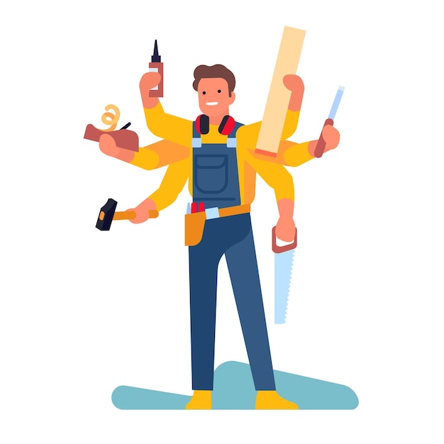 Vector man, in, uniform, met, timmerwerk, gereedschap, multitasking, arbeider, timmerman, vasthouden, zaag, en, hamer, professionele werkman, in, overalls, reparateur, vaststelling, onderhoud, reparatie, uitrusting, vector, concept