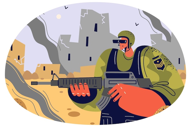 Man in uniform met vuurgevechten op oorlogsveld mannelijke soldaat in militaire dienst lopend met geweerschot leger en militair vooraan vector illustratie