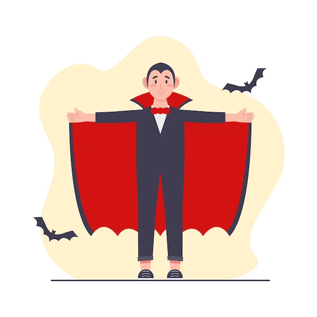 Вектор Человек в костюме вампира с крыльями летучей мыши векторная иллюстрация в плоском стиле