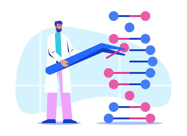 벡터 백색 코트를 입은 남자가 실험실에서 핀세터로 dna 코드를 분할하고 있습니다.