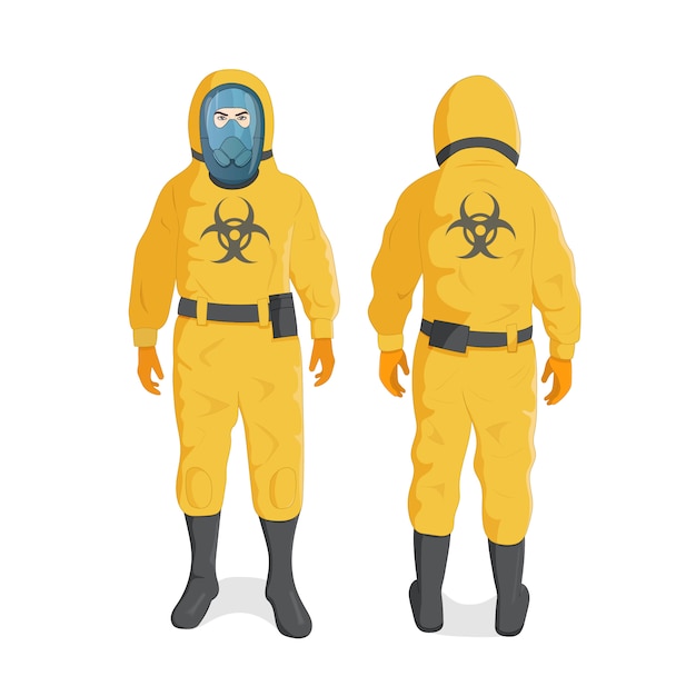 ベクトル 黄色の放射線防護服とヘルメット、化学物質またはバイオハザード専門の安全服の男