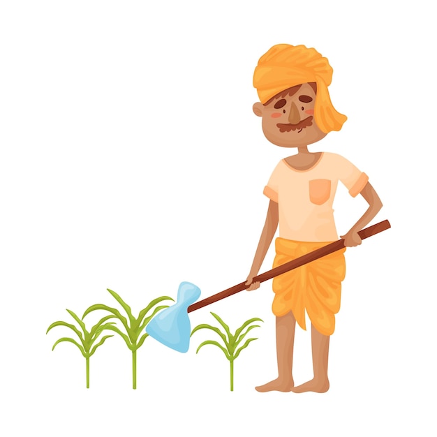 Man in indian clothes with a hoe vector illustration