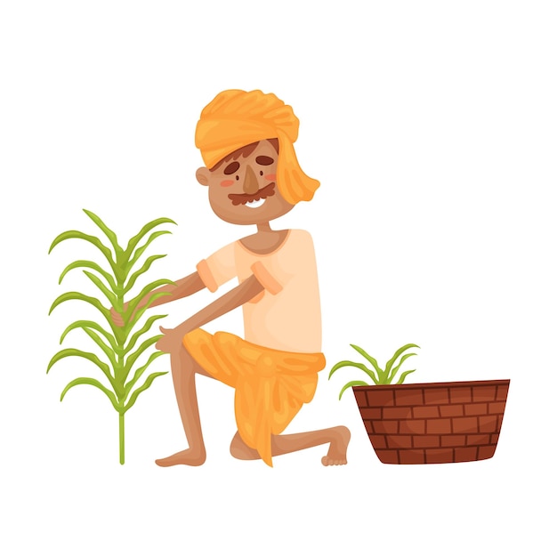 Man in indian clothing collects sprouts in a basket vector illustration