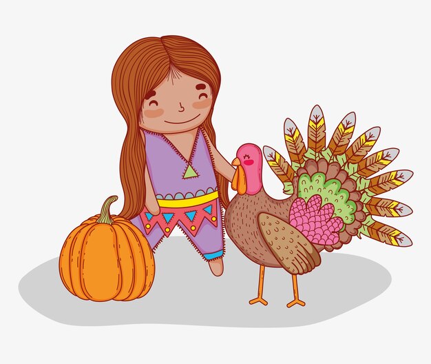Vector man indigenous with turkey animal and pumpkin