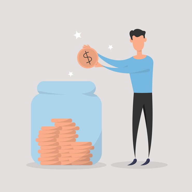 Vector man inserting cash into glass jar. cartoon design.