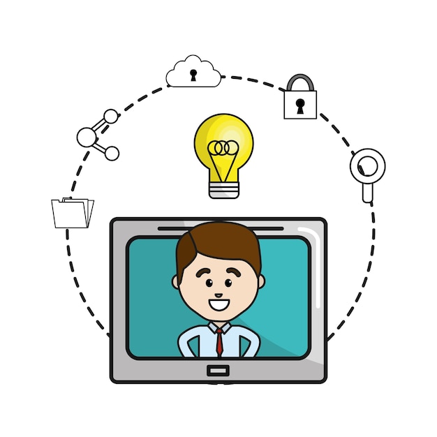 Man inside of television with idea bulb and icons service