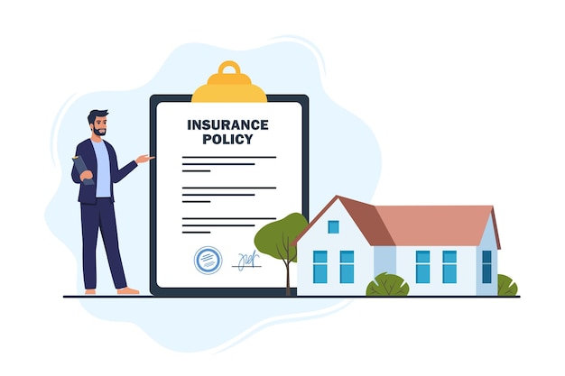 Man insurance agent Insurance policy on clipboard and beautiful private house Real estate Insurance