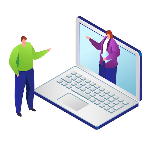 man interacting with a woman through a laptop screen in isometric design online communication and remote discussion vector illustration